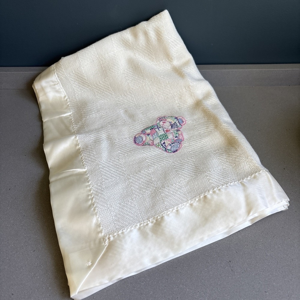 Baby Blanket FARIBO Wool Blend Cream Ivory patchwork Teddy Bear 45x55